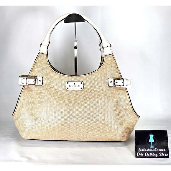 kate spade Handbags - NWOT Kate Spade Women's Beige Canvas White Leather Vanston Dylan Burlap Bag 2252